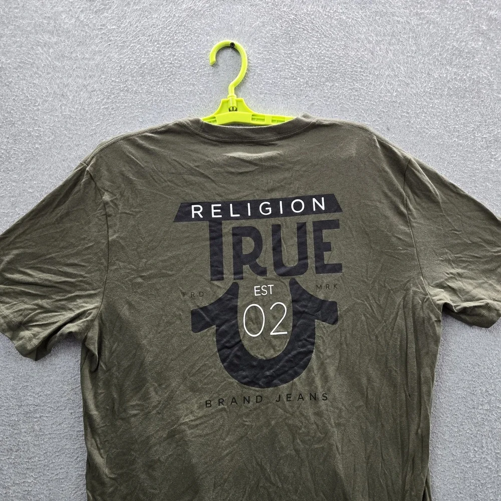 True Religion Men Shirt LARGE Olive Green Graphic Logo Short Sleeve